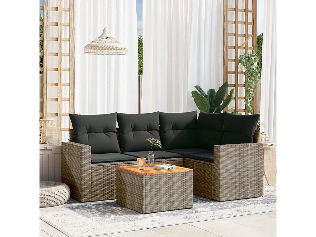 Salon de jardin 5 pcs avec coussins gris résine tressée
