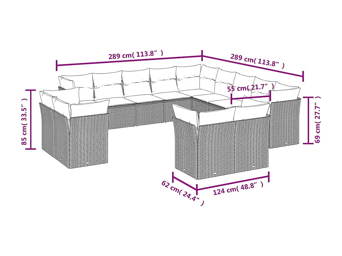 Salon de jardin avec coussins 13 pcs gris résine tressée