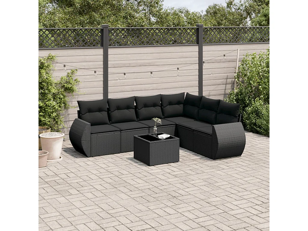 Salon de jardin 7 pcs avec coussins noir résine tressée