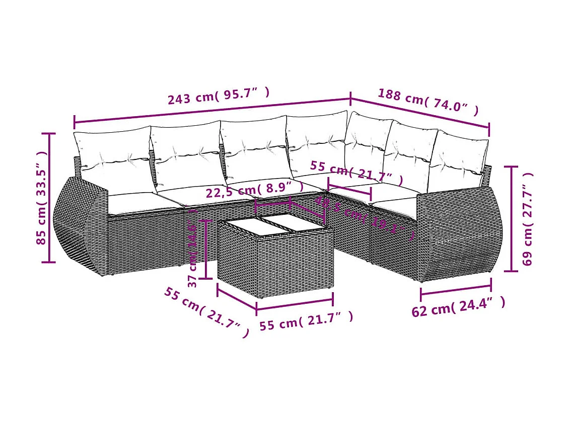 Salon de jardin 7 pcs avec coussins noir résine tressée
