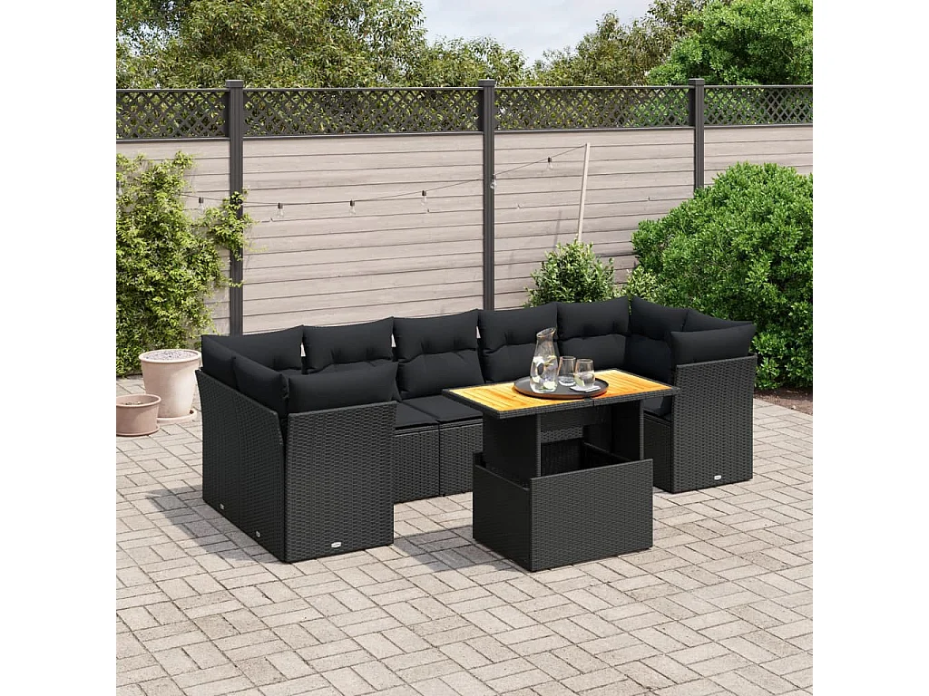 Salon de jardin 8 pcs avec coussins noir résine tressée