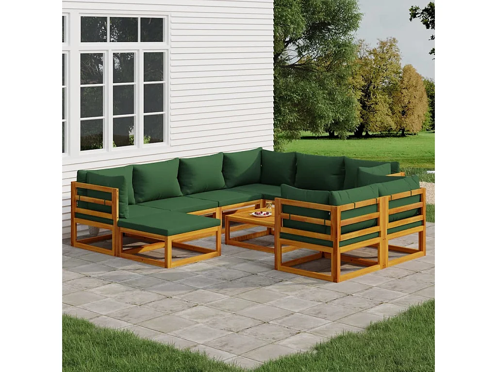 Salon de jardin 10 pcs avec coussins vert bois massif