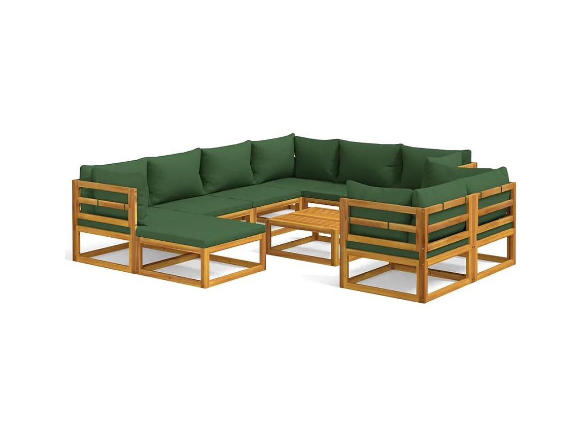 Salon de jardin 10 pcs avec coussins vert bois massif