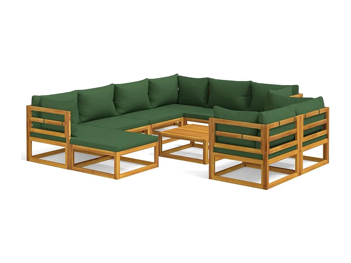 Salon de jardin 10 pcs avec coussins vert bois massif