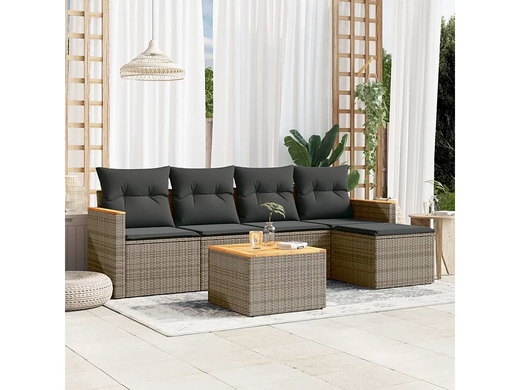 Salon de jardin 6 pcs avec coussins gris résine tressée