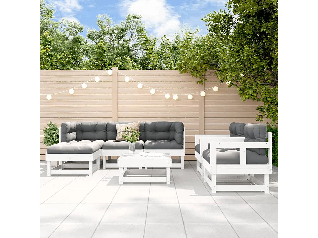 Salon de jardin 7 pcs avec coussins blanc bois massif