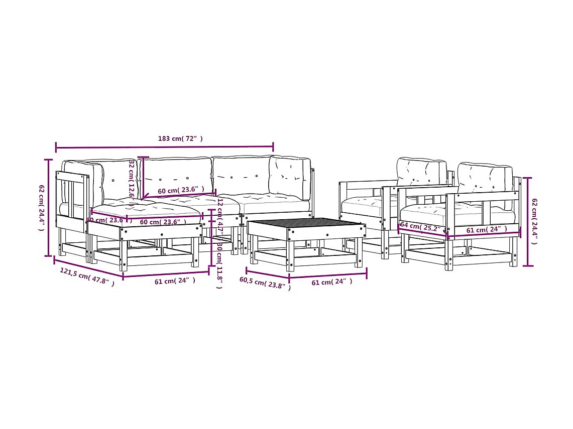 Salon de jardin 7 pcs avec coussins blanc bois massif