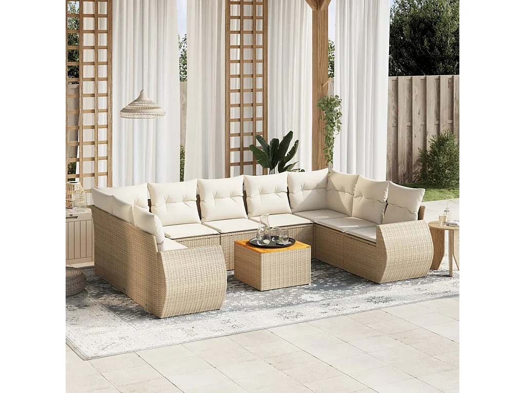 Salon de jardin avec coussins 10 pcs beige résine tressée