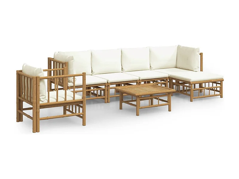 Salon de jardin 7 pcs avec coussins blanc crème bambou