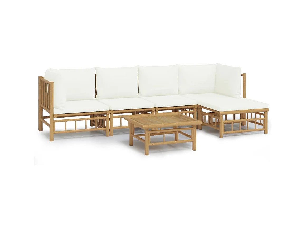 Salon de jardin 6 pcs avec coussins blanc crème bambou