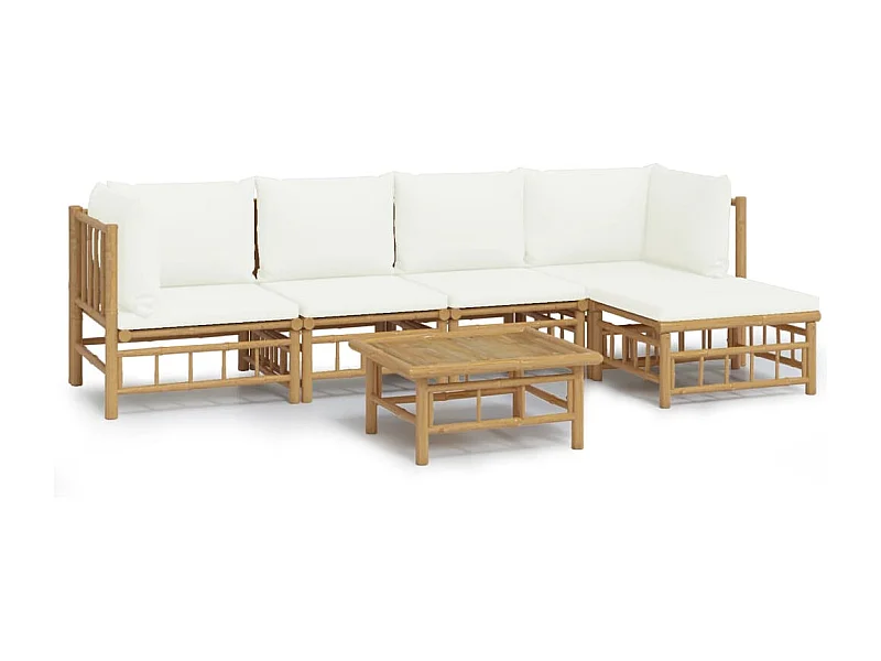 Salon de jardin 6 pcs avec coussins blanc crème bambou