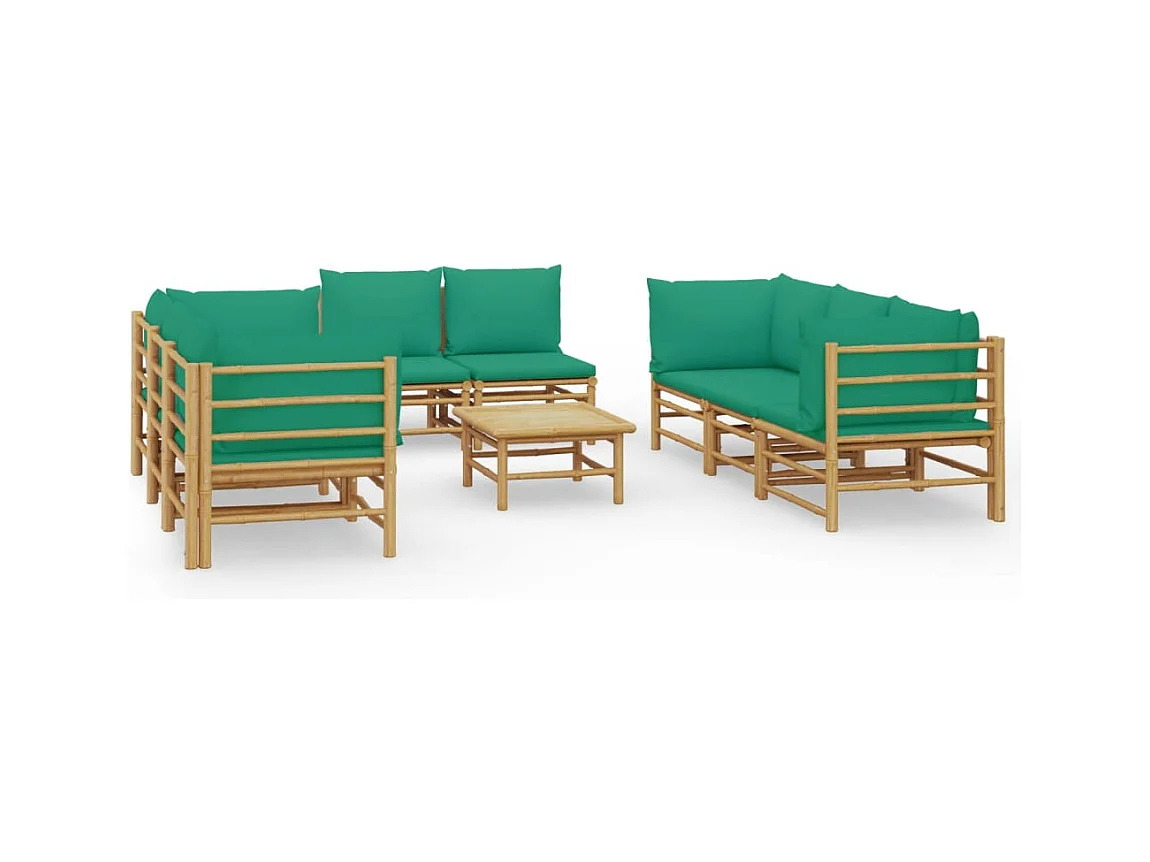 Salon de jardin 9 pcs avec coussins vert bambou