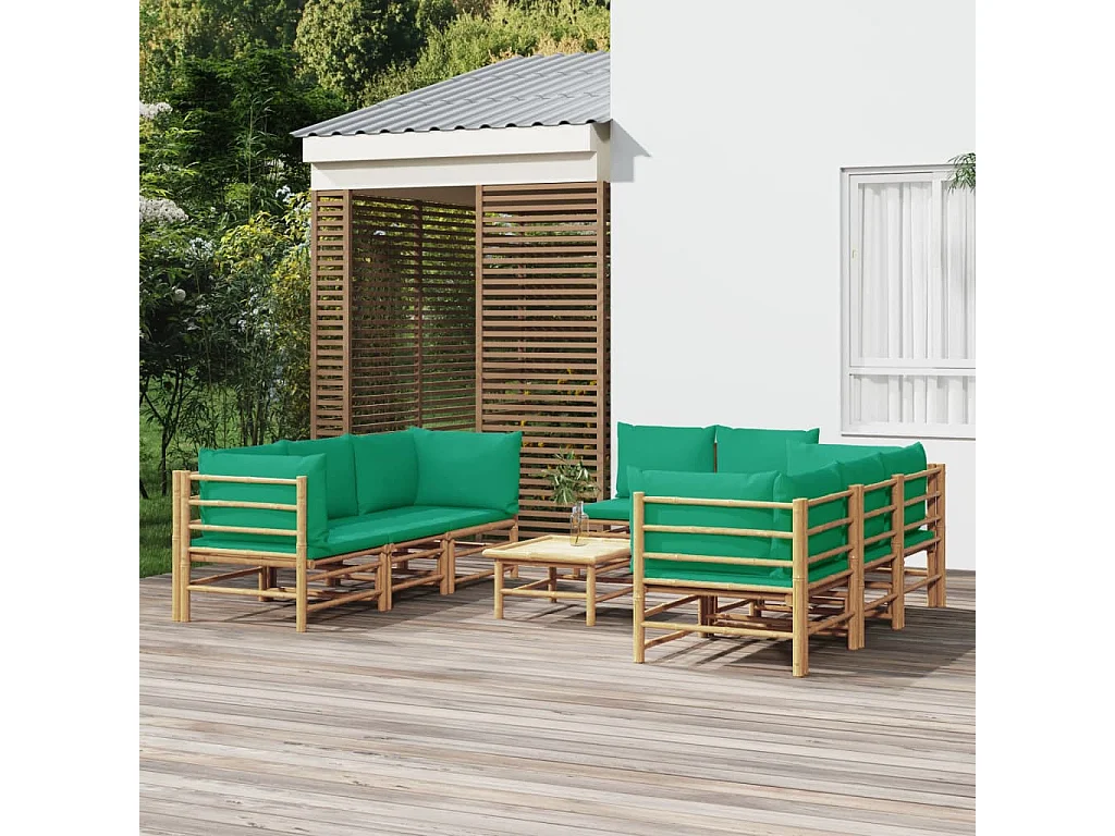 Salon de jardin 9 pcs avec coussins vert bambou