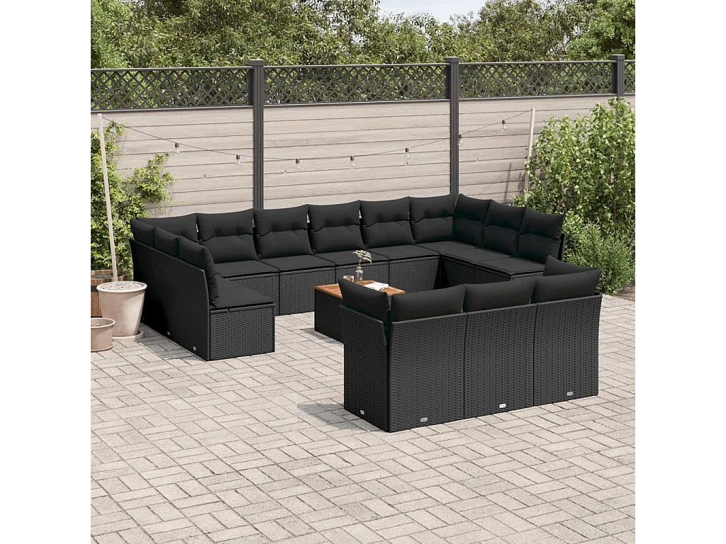 Salon de jardin avec coussins 14 pcs noir résine tressée