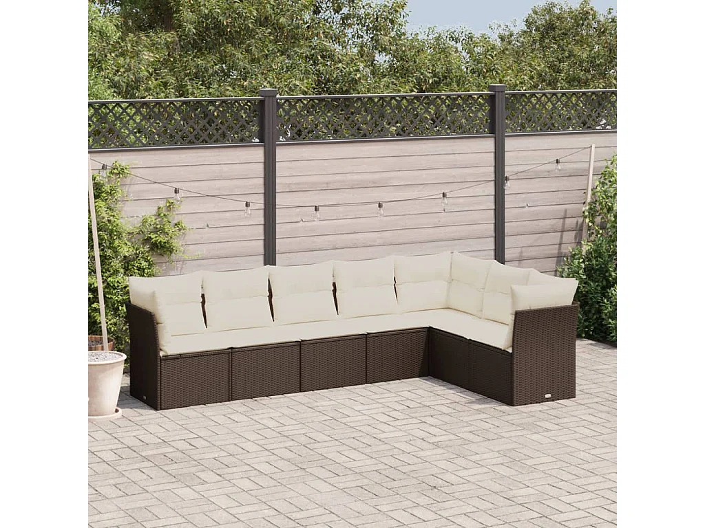 Salon de jardin avec coussins 7 pcs marron résine tressée