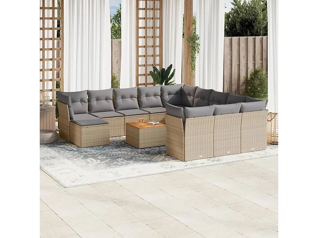 Salon de jardin avec coussins 13 pcs beige résine tressée