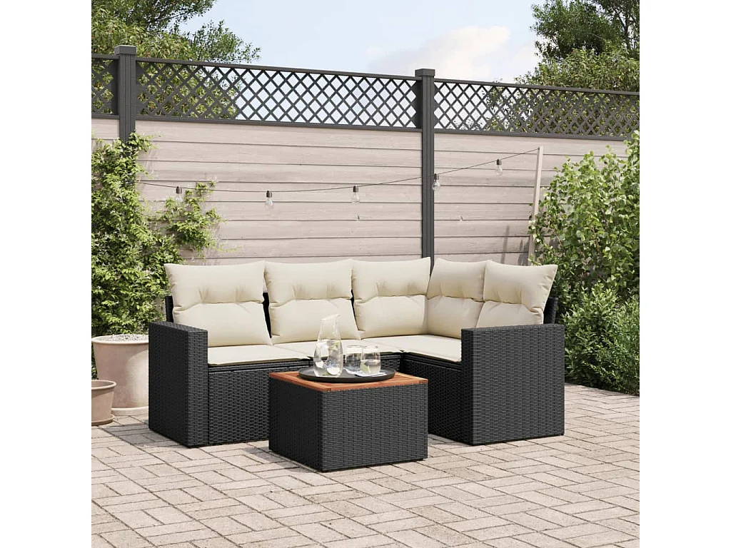 Salon de jardin 5 pcs avec coussins noir résine tressée