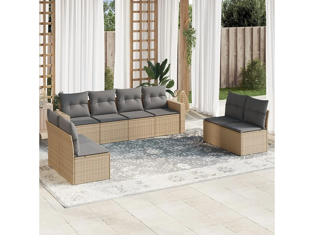 Salon de jardin avec coussins 8 pcs beige résine tressée