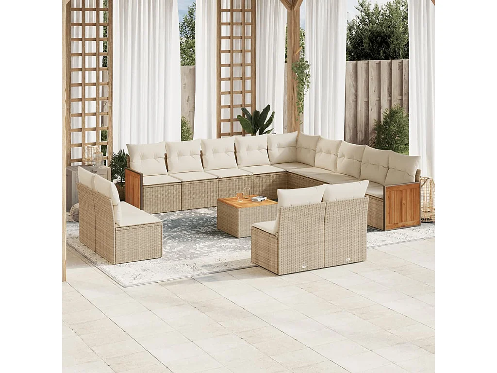 Salon de jardin avec coussins 14 pcs beige résine tressée