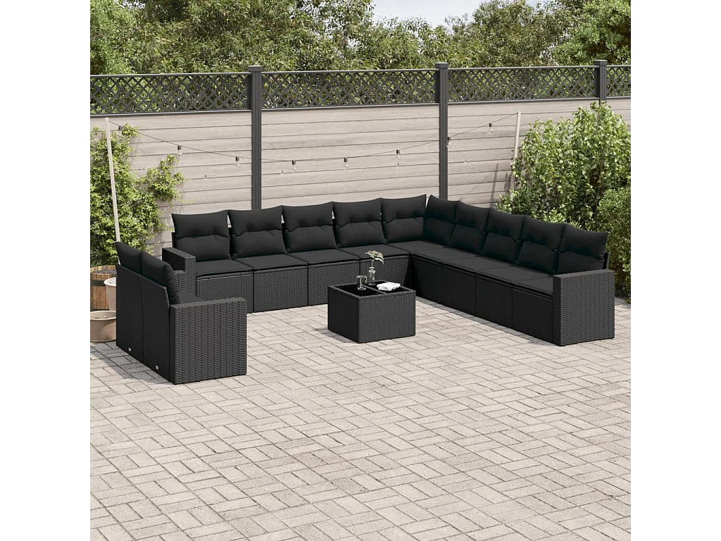 Salon de jardin 12 pcs avec coussins noir résine tressée