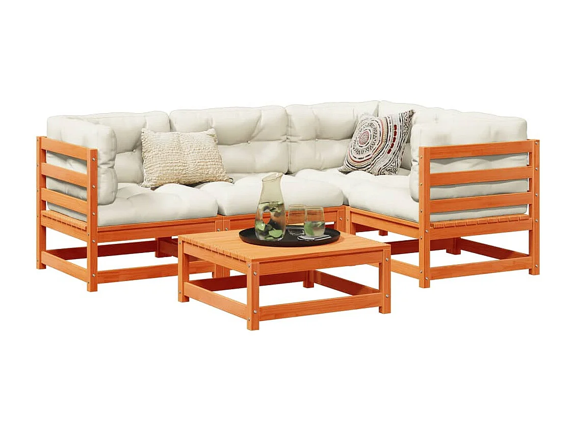 Salon de jardin 5 pcs avec coussins cire marron bois pin massif