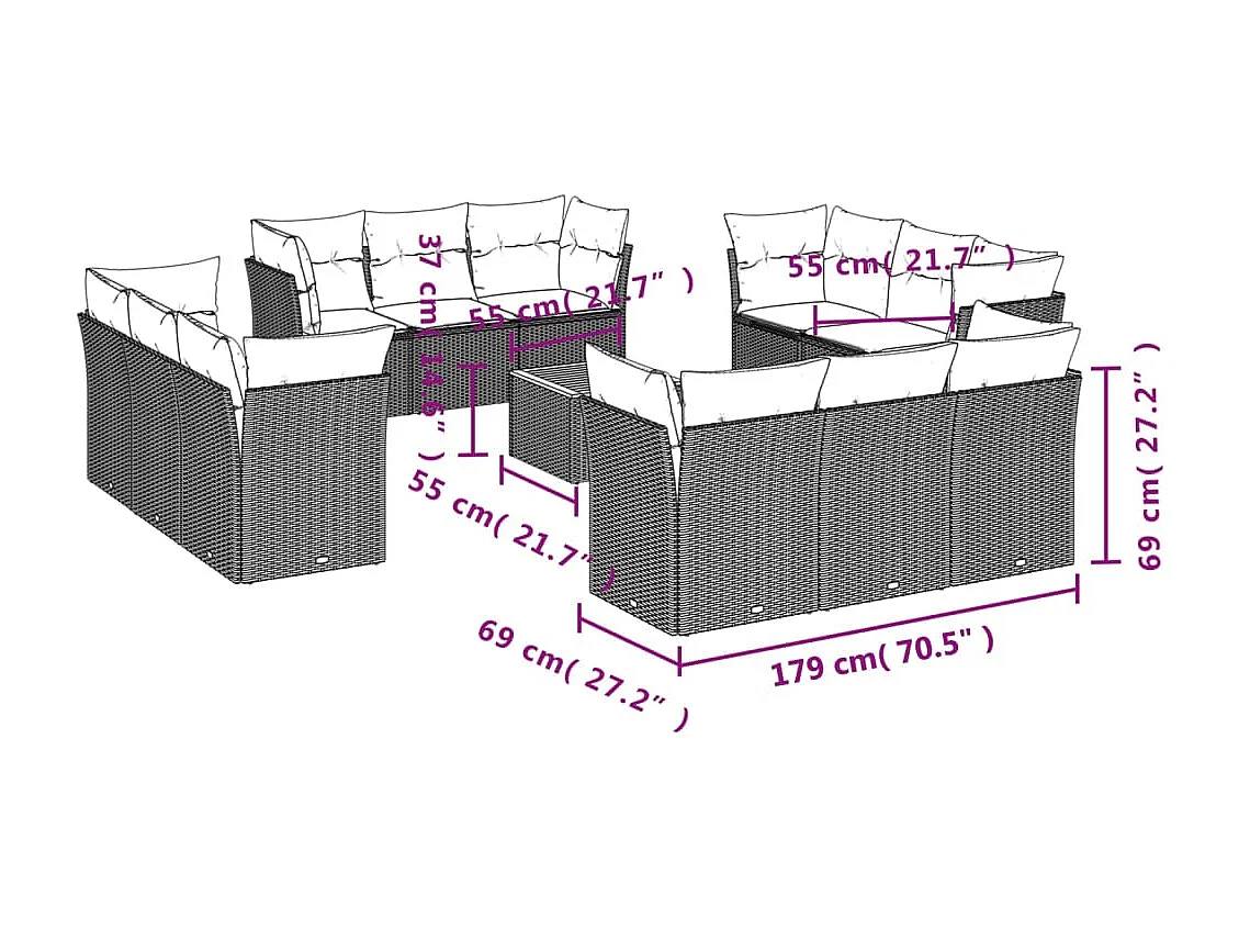 Salon de jardin avec coussins 13 pcs noir résine tressée