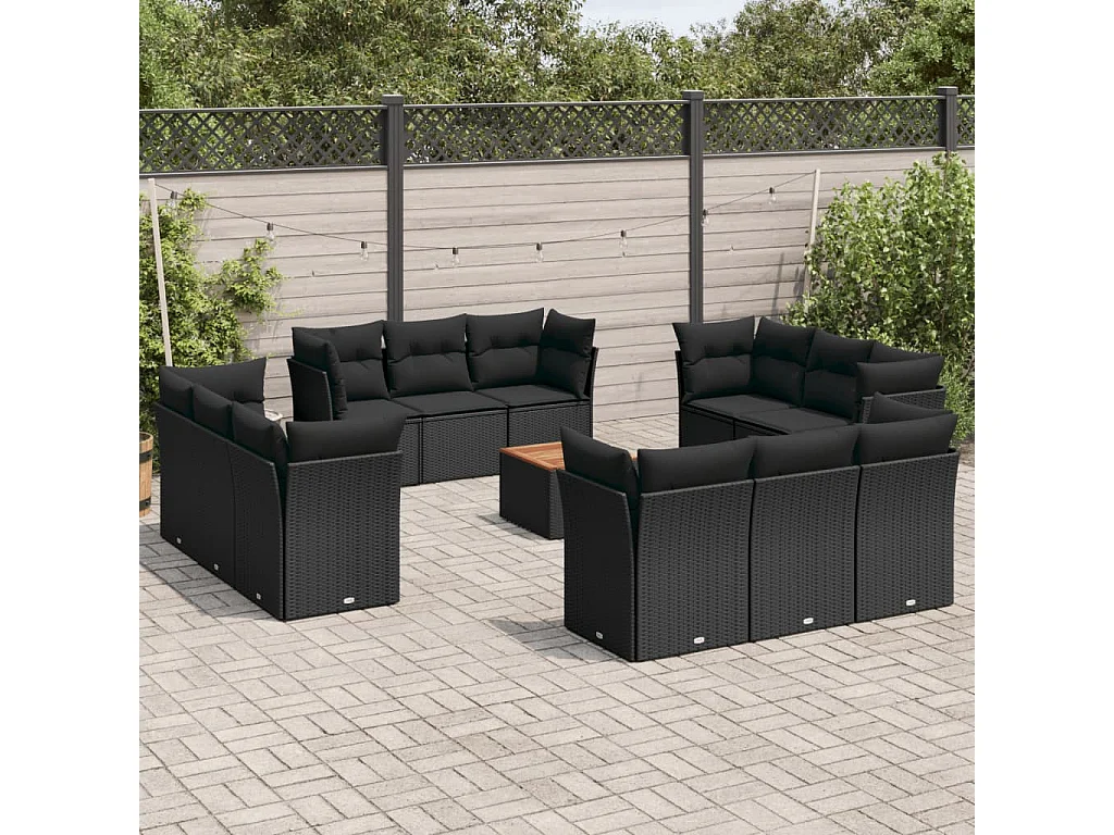 Salon de jardin avec coussins 13 pcs noir résine tressée