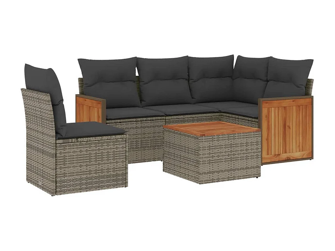 Salon de jardin 6 pcs avec coussins gris résine tressée