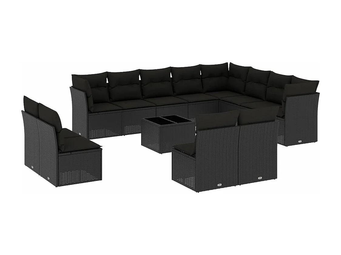Salon de jardin avec coussins 13 pcs noir résine tressée