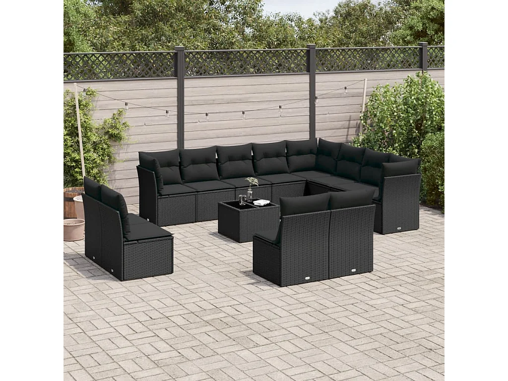 Salon de jardin avec coussins 13 pcs noir résine tressée