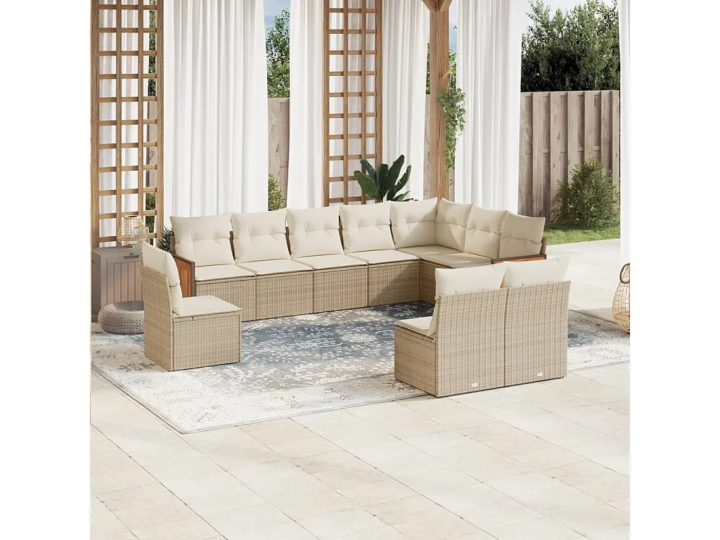 Salon de jardin avec coussins 10 pcs beige résine tressée