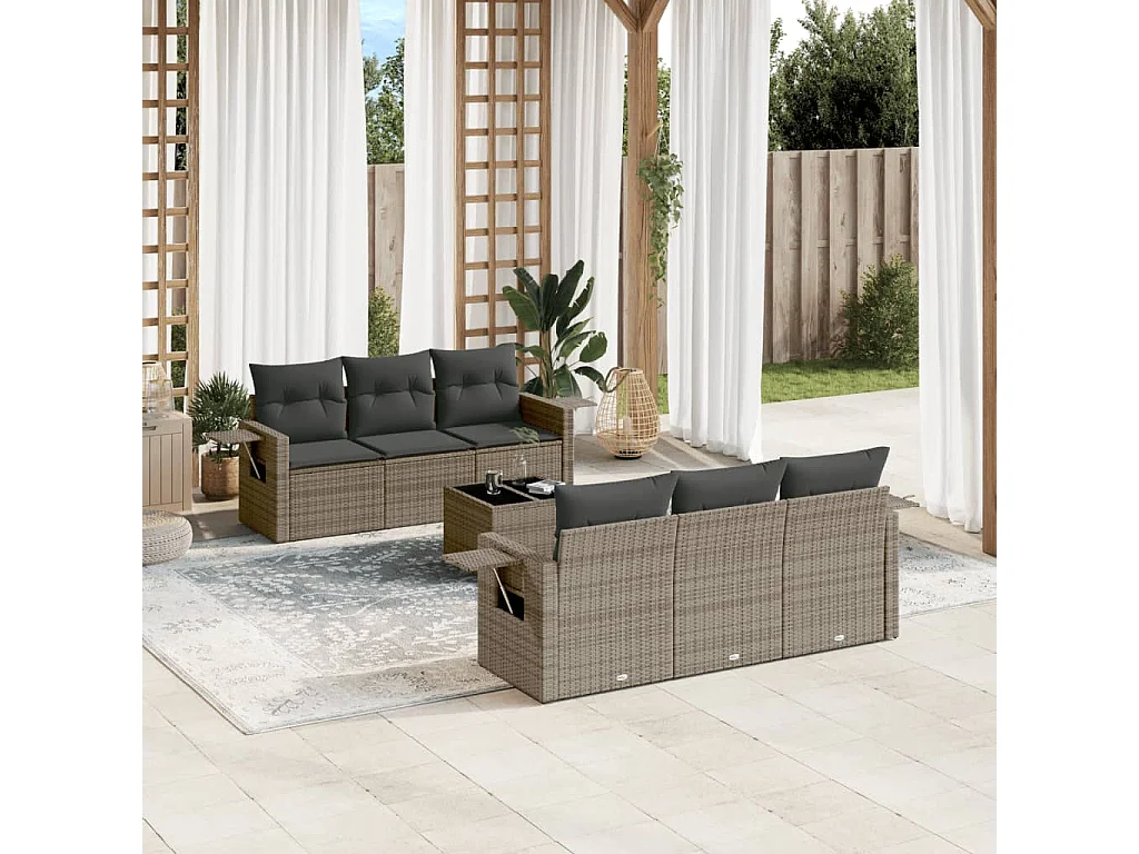 Salon de jardin avec coussins 7 pcs gris résine tressée