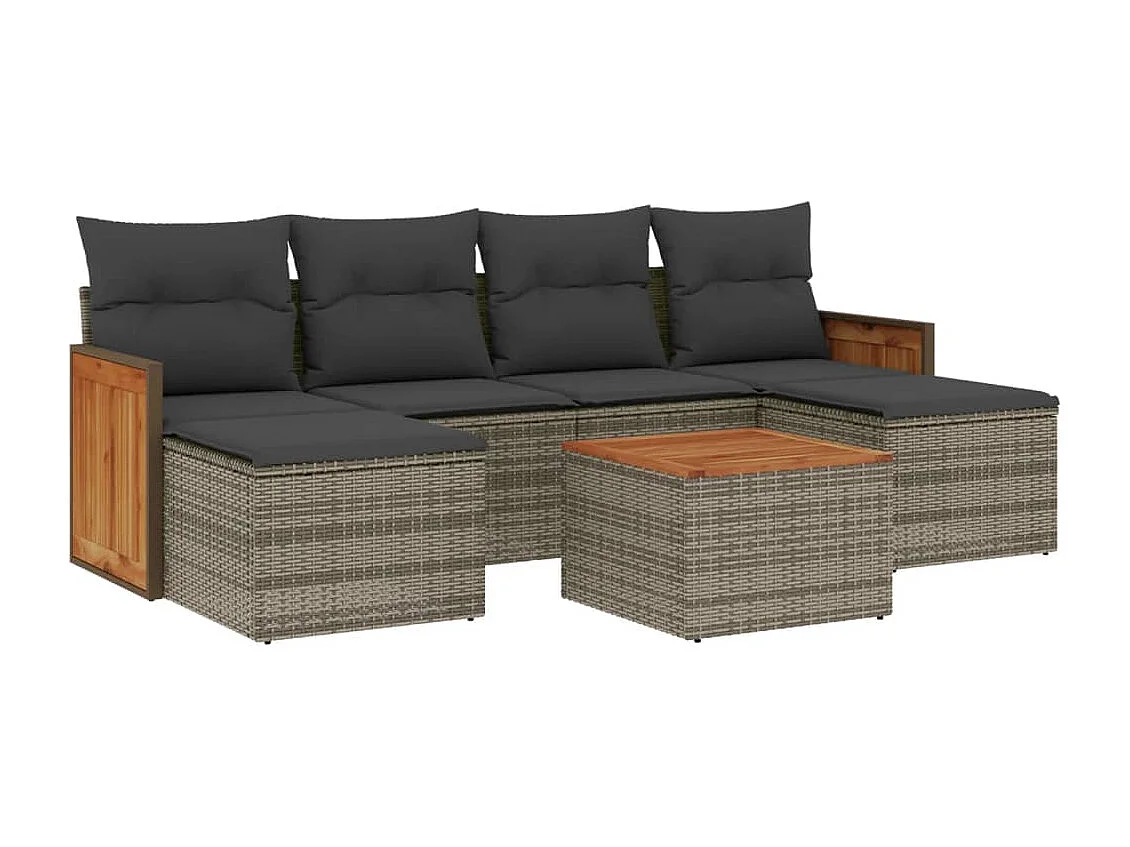 Salon de jardin avec coussins 7 pcs gris résine tressée