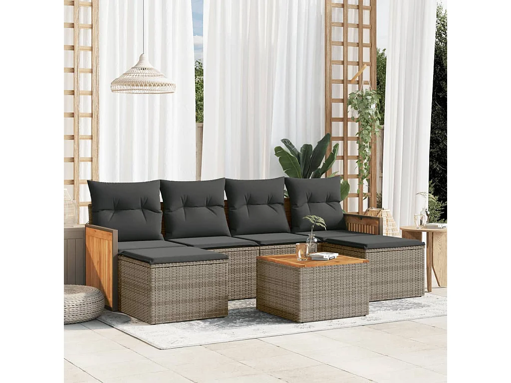 Salon de jardin avec coussins 7 pcs gris résine tressée