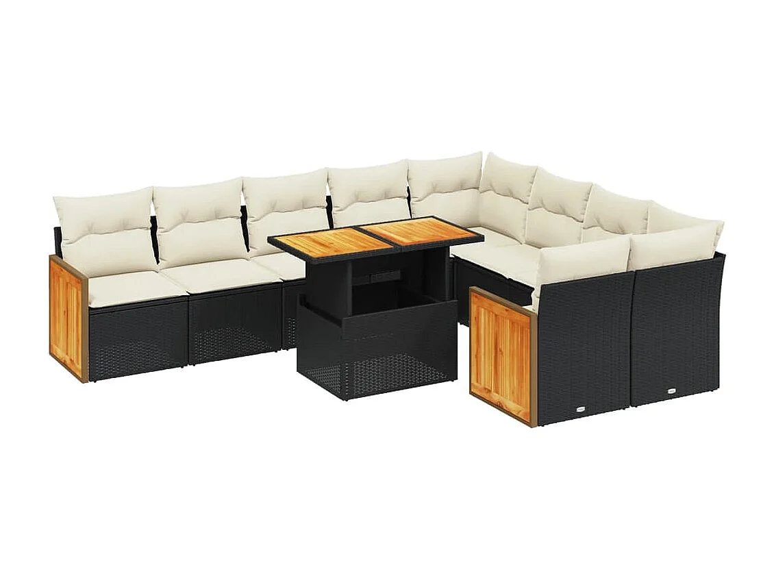 Salon de jardin 10 pcs avec coussins noir résine tressée