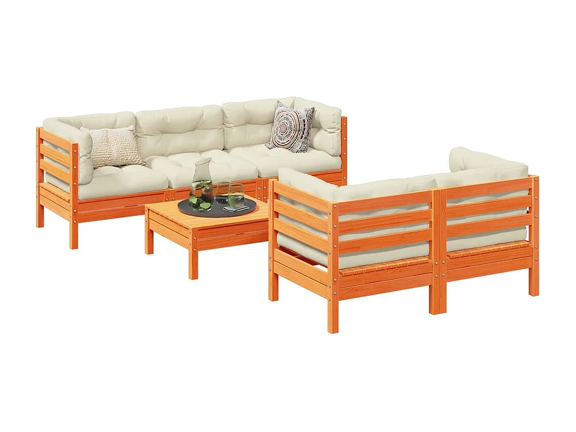 Salon de jardin 6 pcs avec coussins cire marron bois pin massif