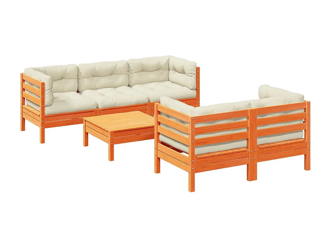 Salon de jardin 6 pcs avec coussins cire marron bois pin massif