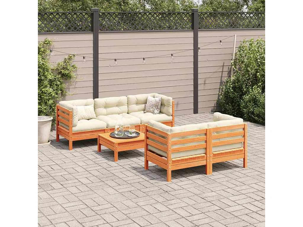 Salon de jardin 6 pcs avec coussins cire marron bois pin massif