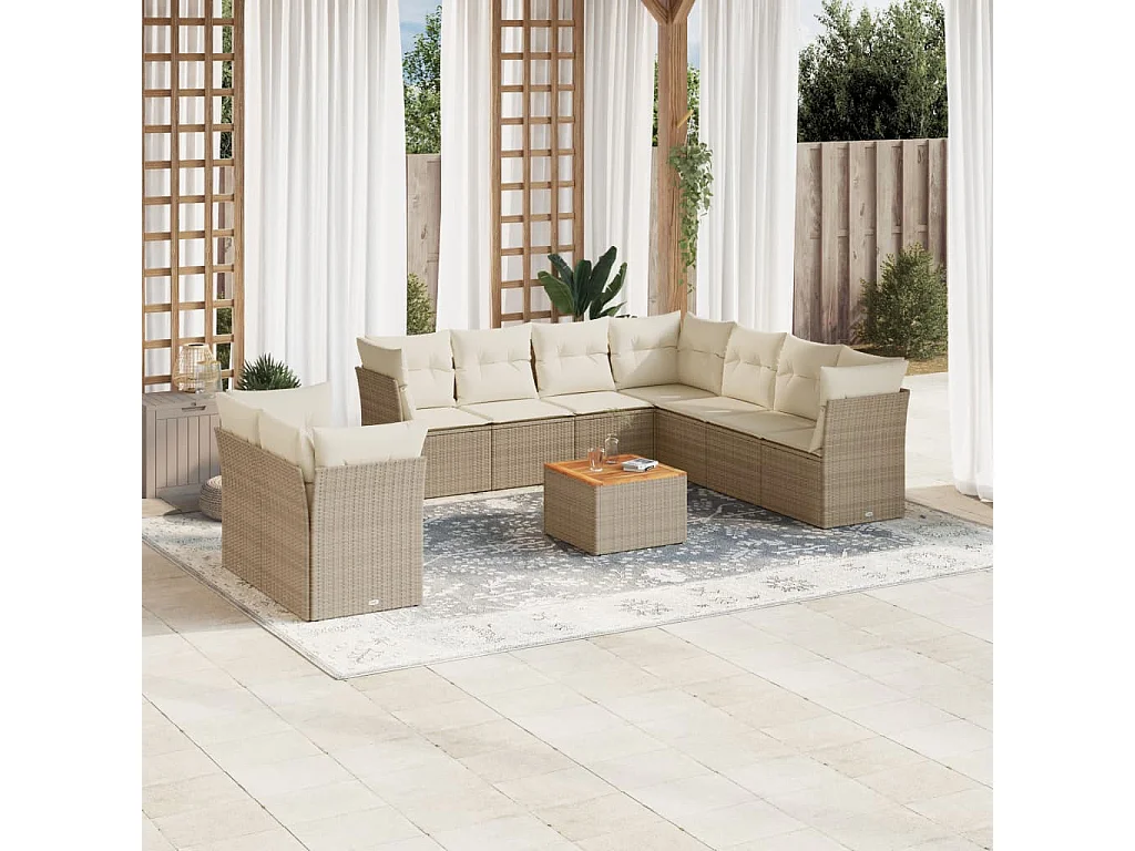 Salon de jardin avec coussins 10 pcs beige résine tressée
