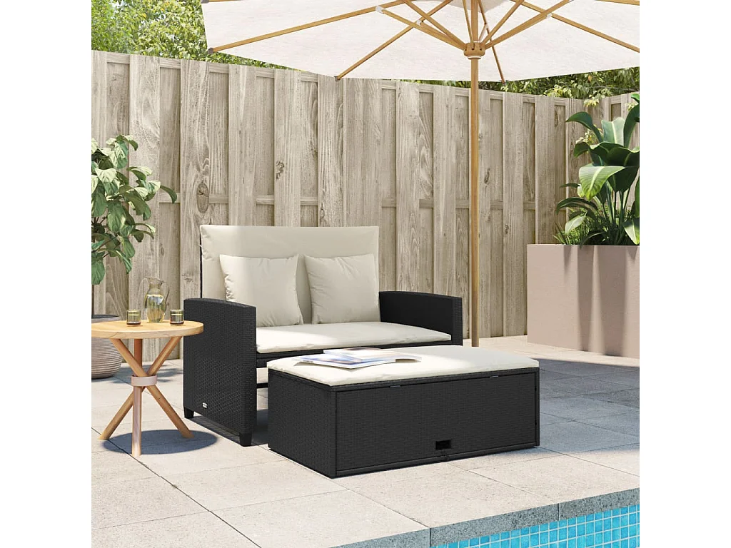 Canapé de jardin avec coussins 2 places noir résine tressée