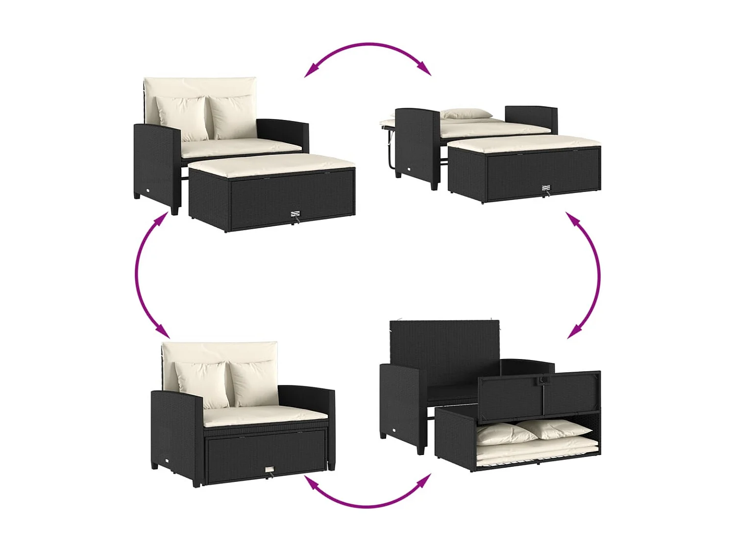 Canapé de jardin avec coussins 2 places noir résine tressée