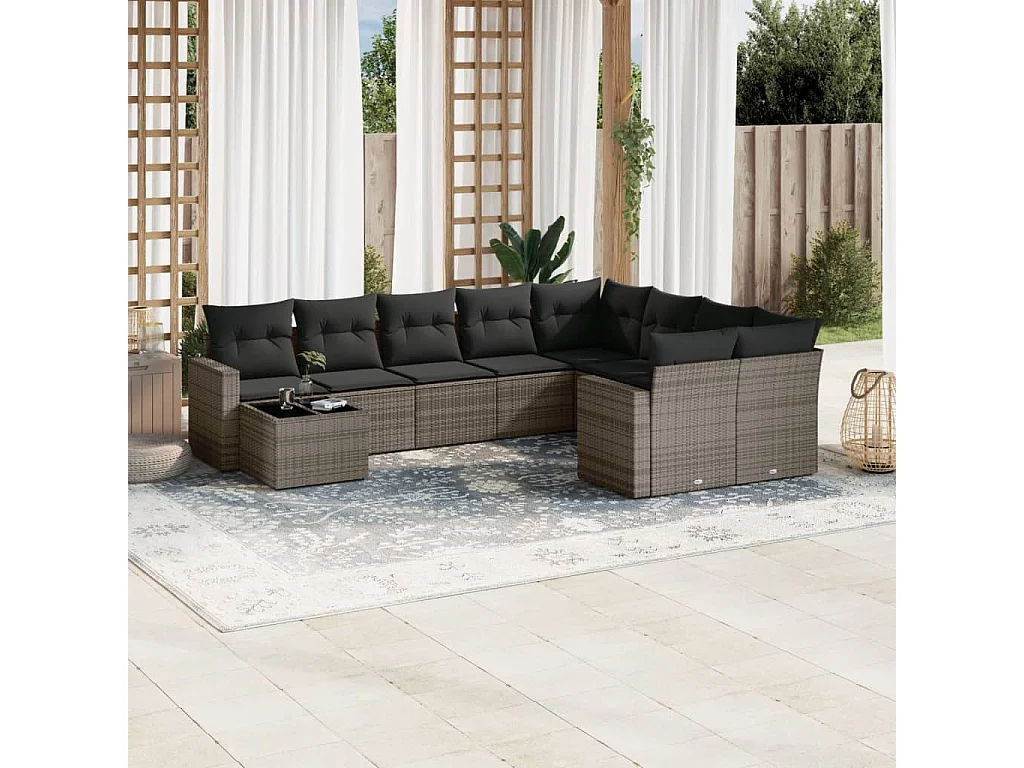 Salon de jardin avec coussins 10 pcs gris résine tressée