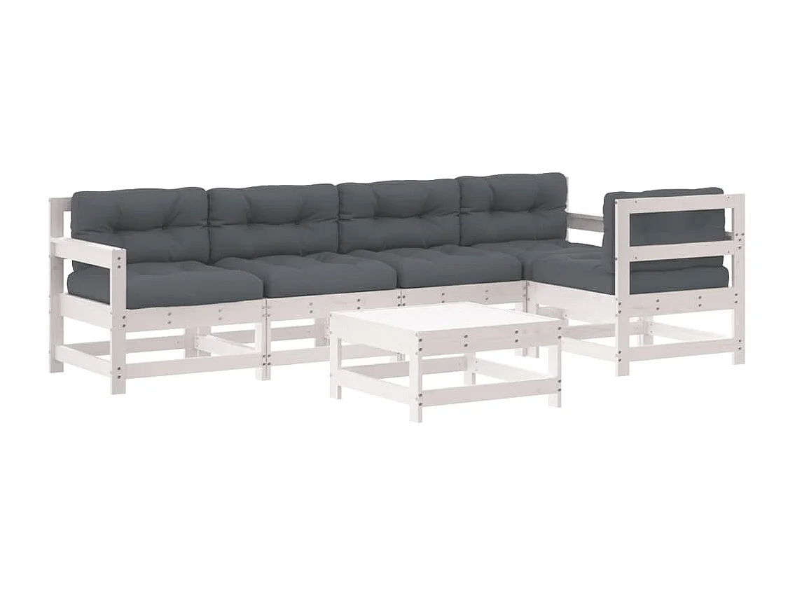 Salon de jardin 6 pcs avec coussins blanc bois massif