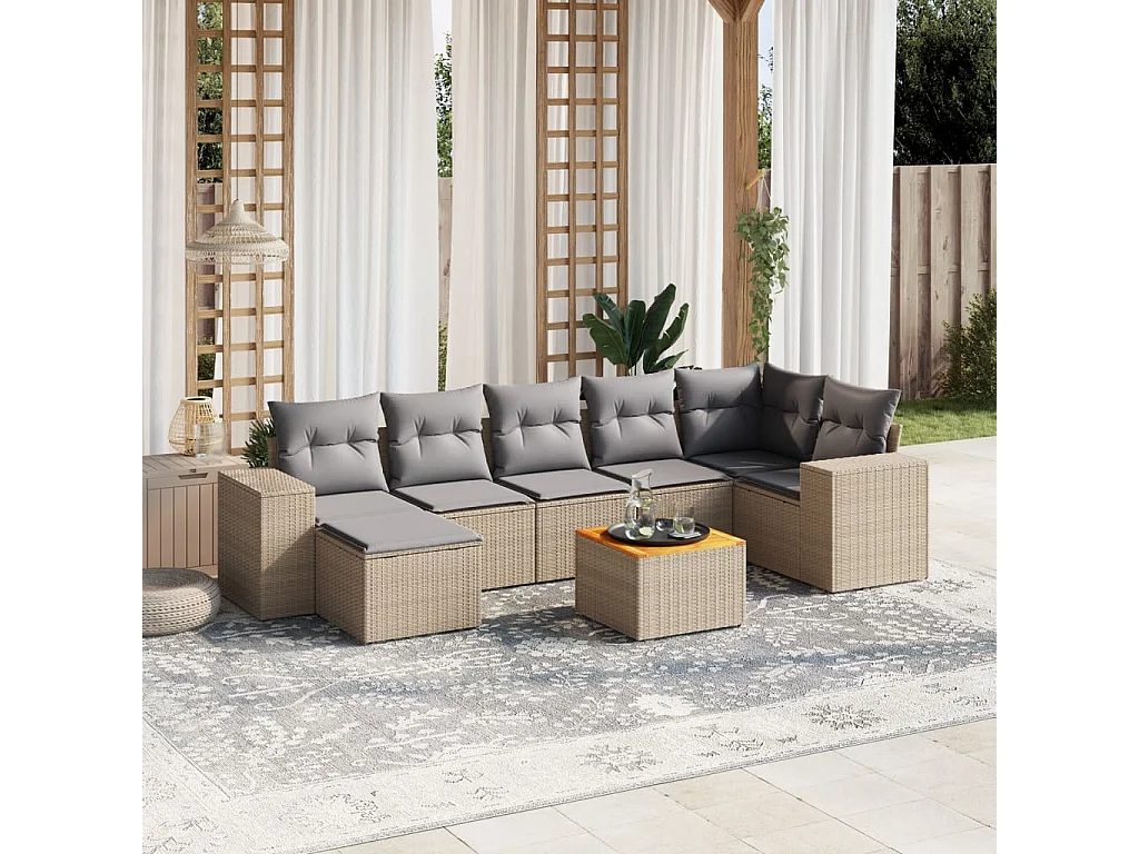 Salon de jardin avec coussins 8 pcs beige résine tressée