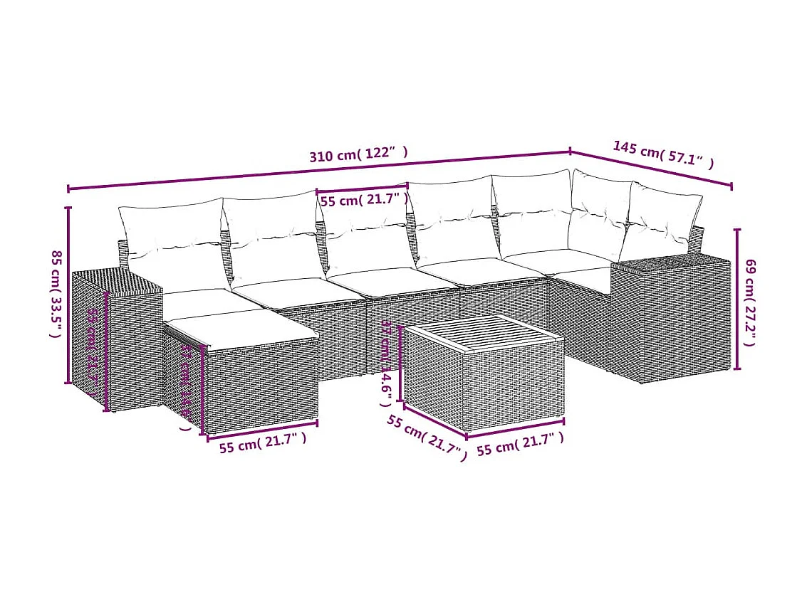 Salon de jardin avec coussins 8 pcs beige résine tressée