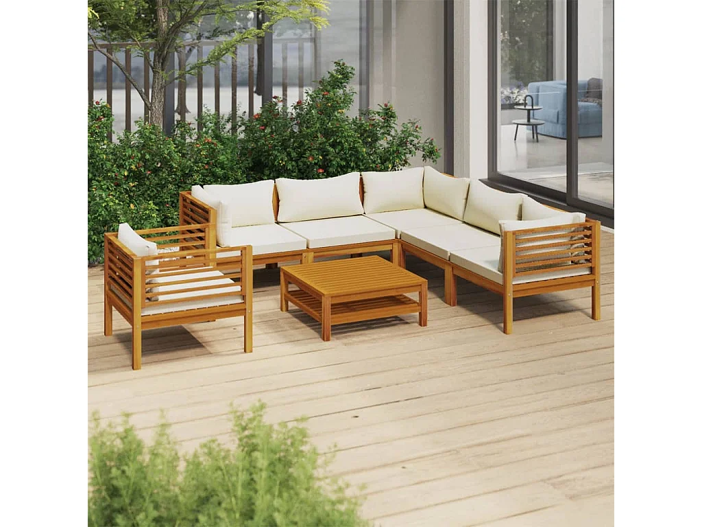 Salon de jardin 7 pcs avec coussin crème Bois d'acacia solide 2