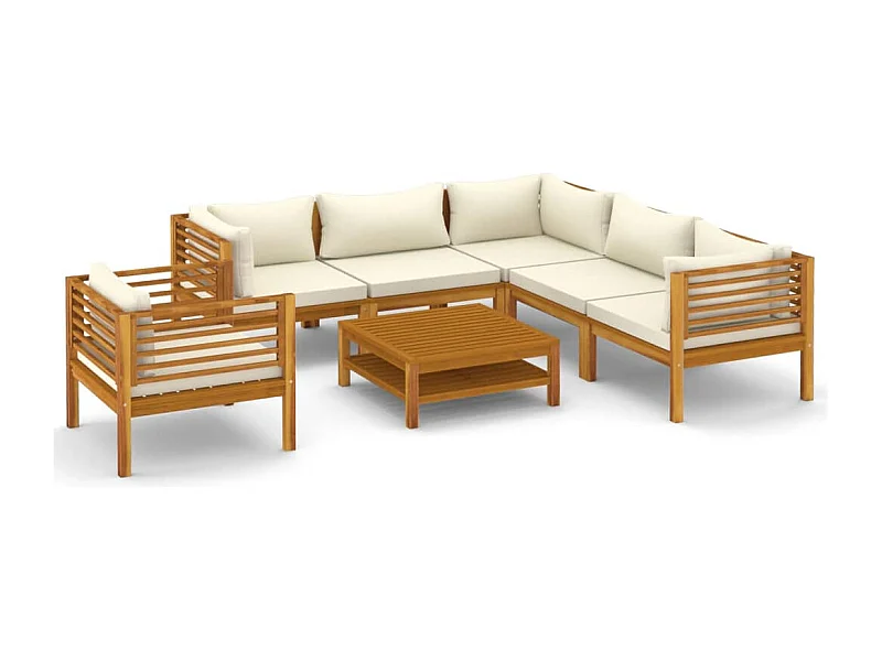 Salon de jardin 7 pcs avec coussin crème Bois d'acacia solide 2