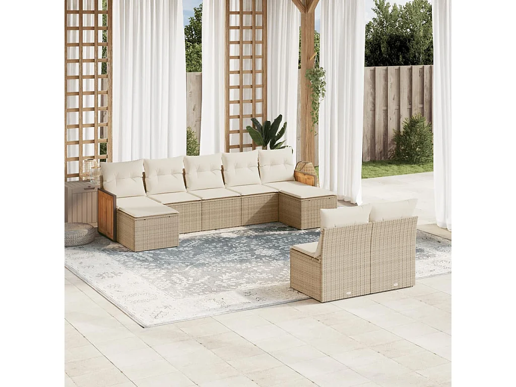 Salon de jardin avec coussins 9 pcs beige résine tressée