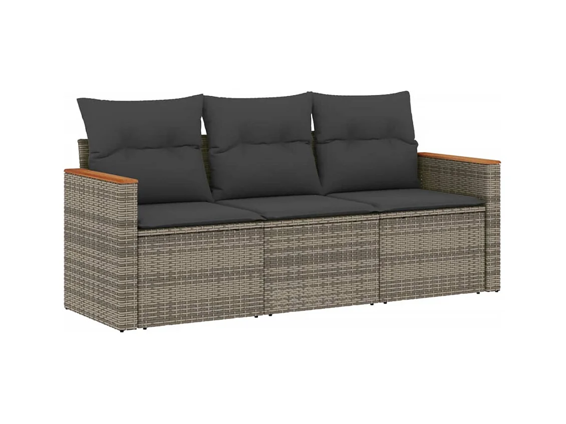 Salon de jardin avec coussins 3 pcs gris résine tressée