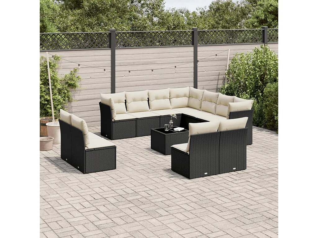 Salon de jardin 12 pcs avec coussins noir résine tressée